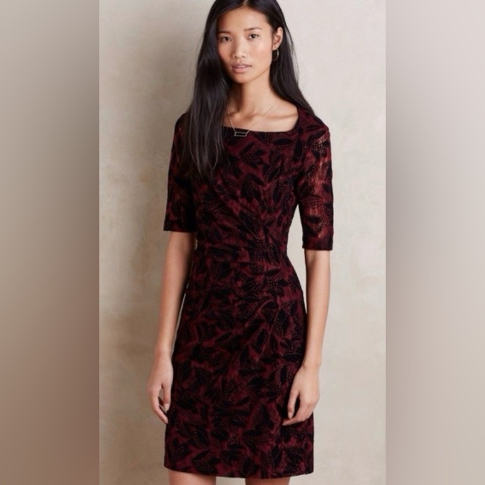 Anthropologie Maeve Elorn Dress Wine Black Flocked Lace Faux Wrap | Size 12